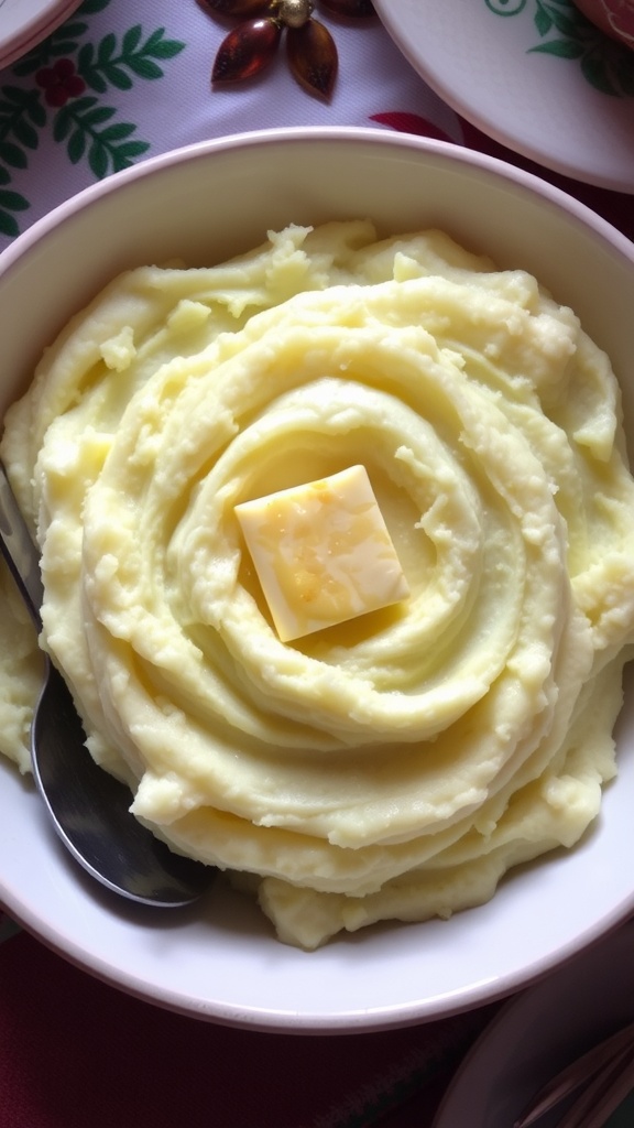 Common Missteps in Making Perfect Mashed Potatoes Creamy mashed potatoes in a bowl with butter on top, set on a rustic wooden table.